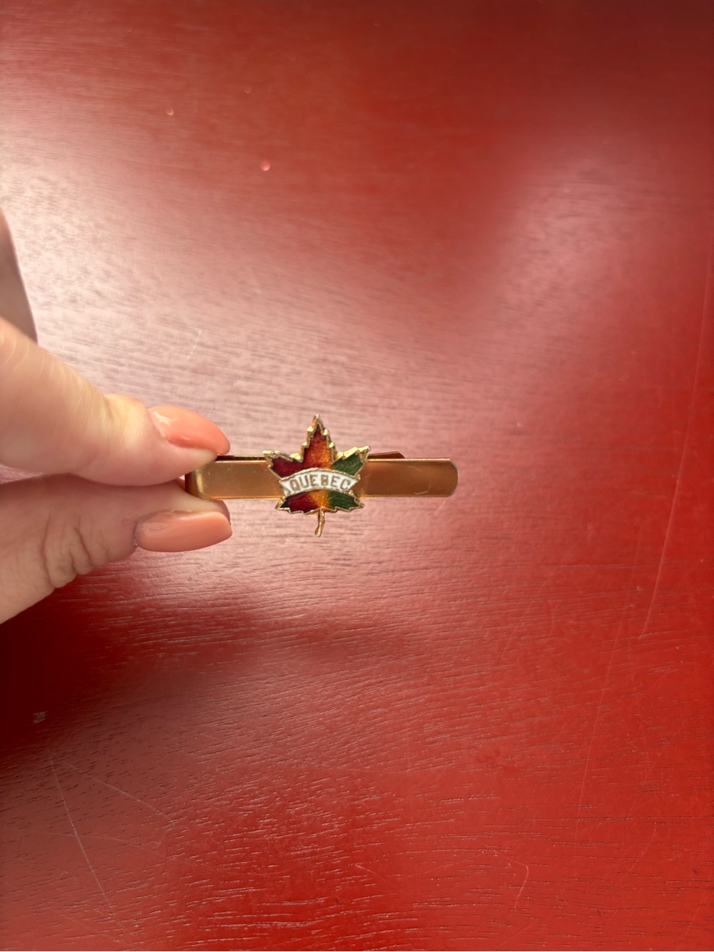 Gold-Tone Quebec Maple Leaf Tie Bar - Green & Red Enamel